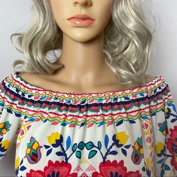 Flying Tomato Blouse | NWT | Mexican Aztec Floral Style | White/Red/Blue | XS (R - Picture 2 of 11
